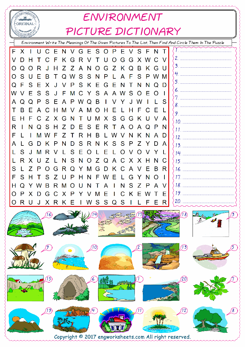  For kids, check the picture of Environment find, and write the word and find it in the word puzzle ESL printable worksheet. 
